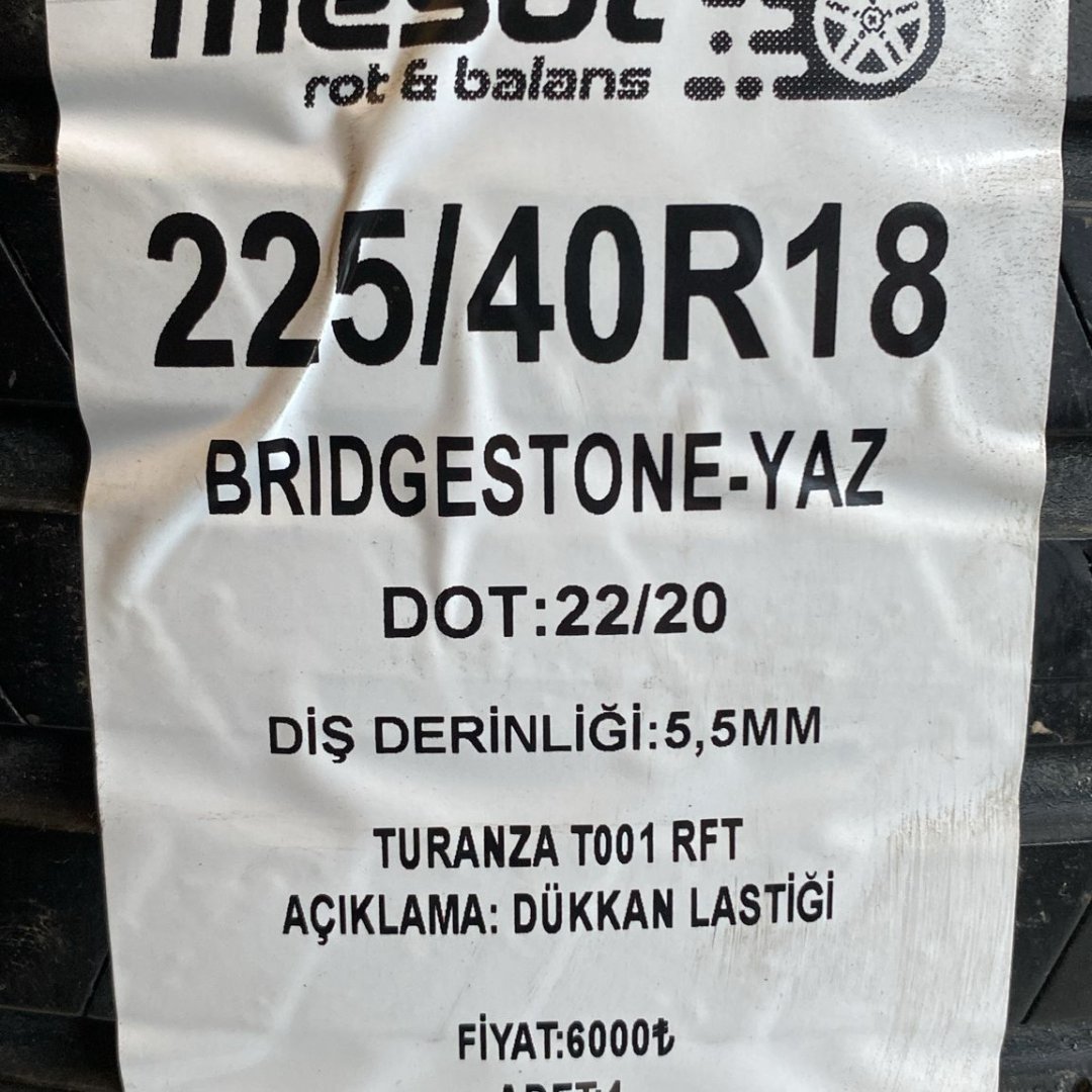 225/40 R18 BRIDGESTONE TURANZA T001 RFT YAZ ÇIKMA LASTİK